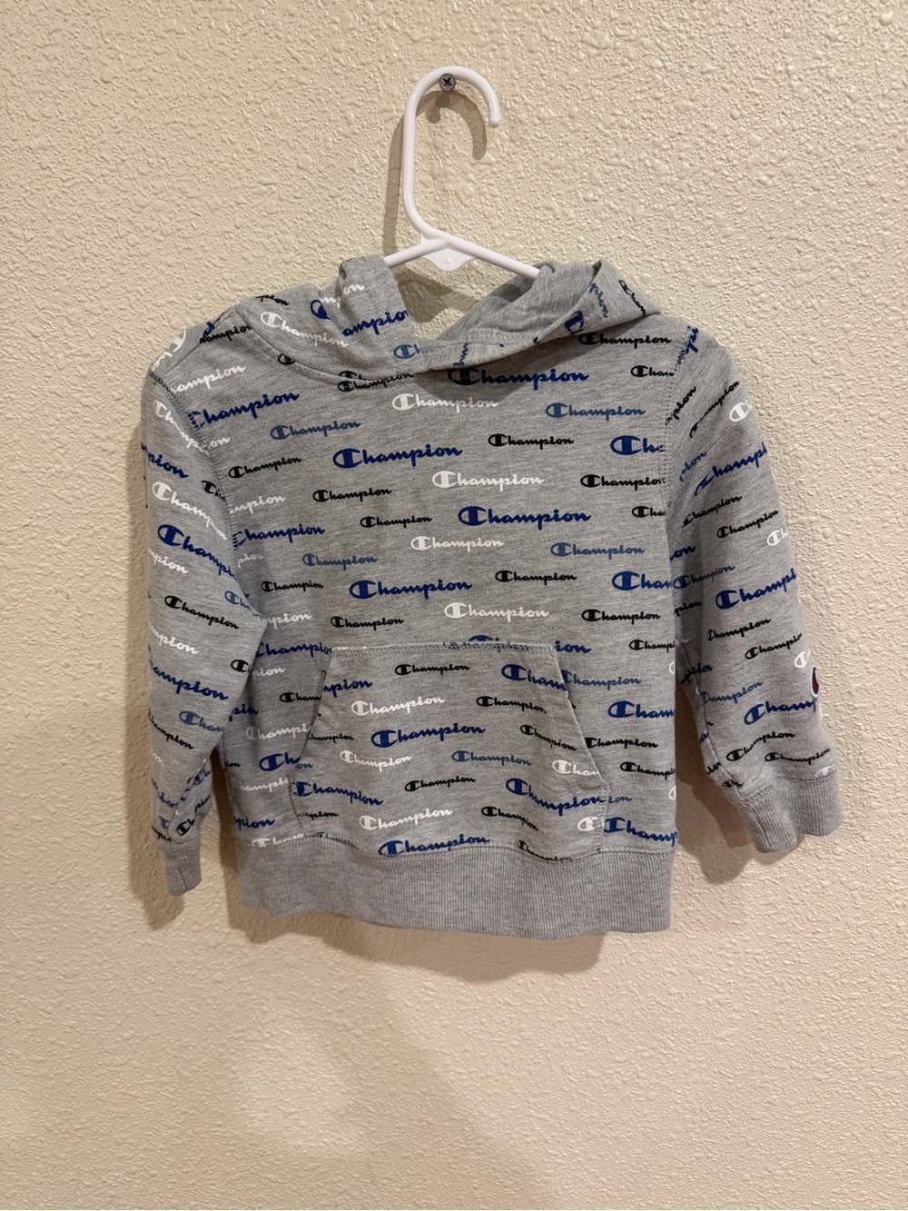 Champion Kids Grey Hoodie with Blue & Black Logo Print